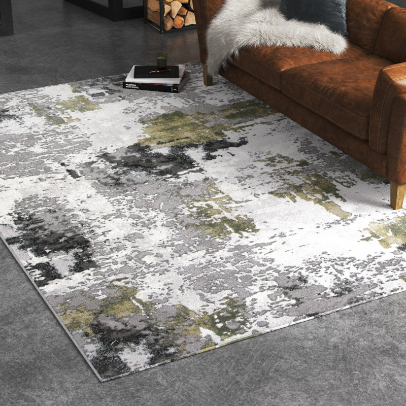 Tapis abstrait gris / vert Serafino, Rectangle 12 pi x 15 pi