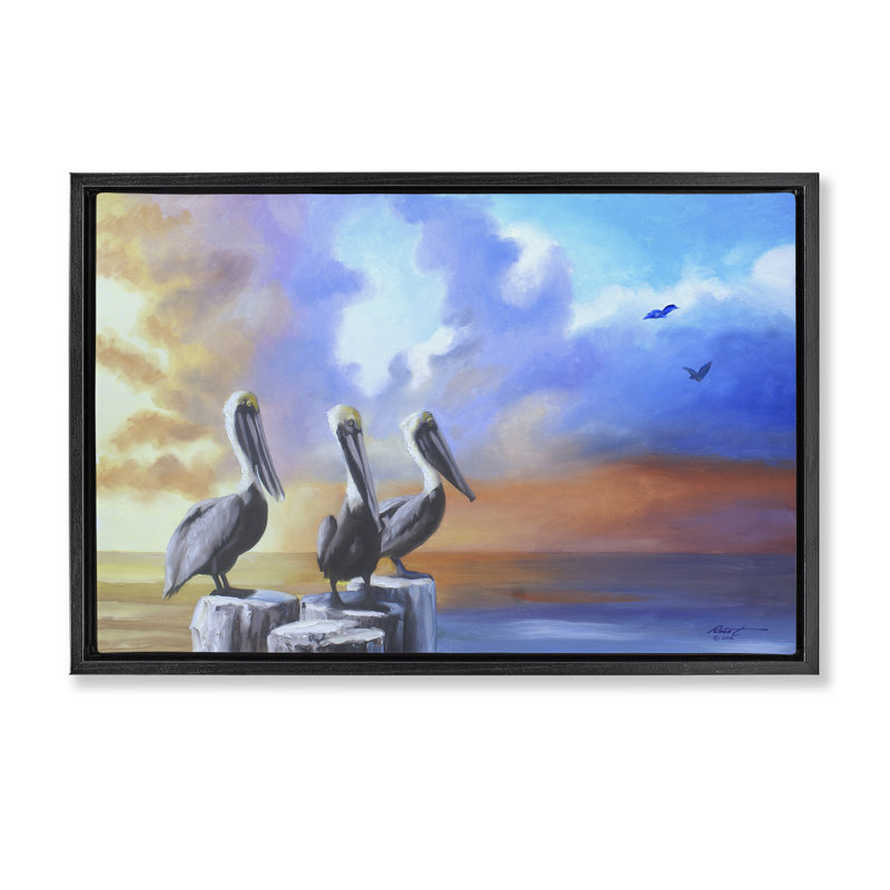 «Vivid Pelican Trio» par D. Rust, Cadre flottant noir de jais, H 21 po x l 31 po
