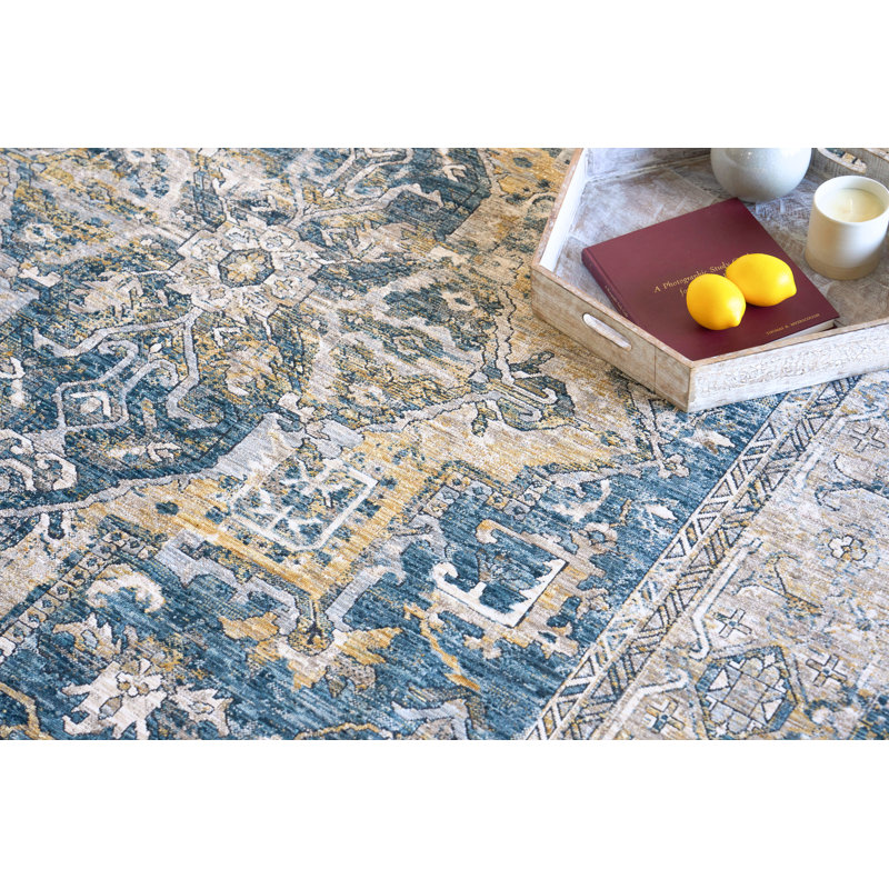 Antique Loom Blue/Beige Polyester powerloom Area Rug, Rectangle 8' x 10'