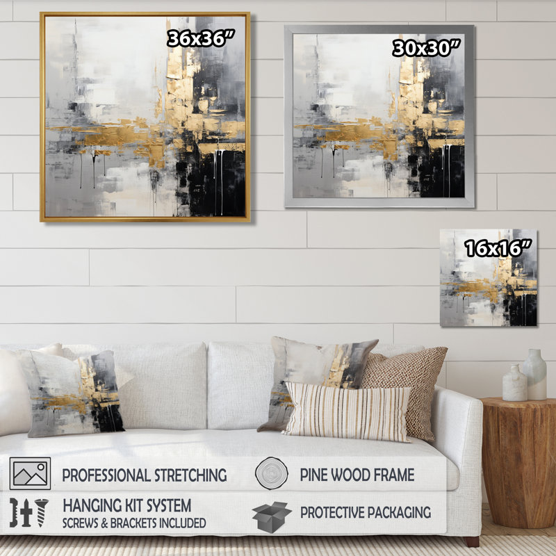Gold Golden City White Gray Black - Abstract Painting Canvas Wall Art, 36" H x 36" W, Black Floater Framed