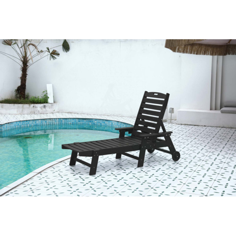 Lounge Chair Outdoor With Wood Texture,Oversized Chaise Lounge Chair With 5 Positions, HDPE, Patio Lounge Chair With Wheels & Cup Holder For Pool, Deck, Poolside
