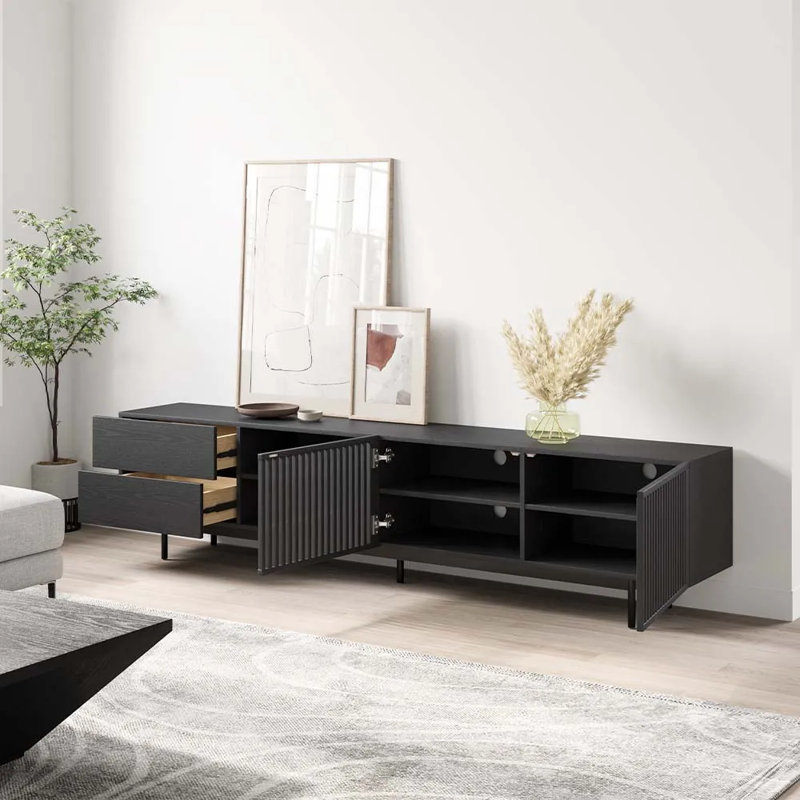 Mid-Century Modern TV Stand, Pre-Assembled, Black, 21.65"H x 94.49"L x 15.75"W