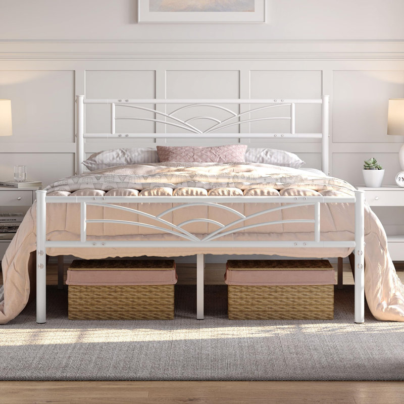 White Metal Platform King Bed Frame With Decorative Headboard, Heavy Duty Steel Slats, No Box Spring Required, Twin, White