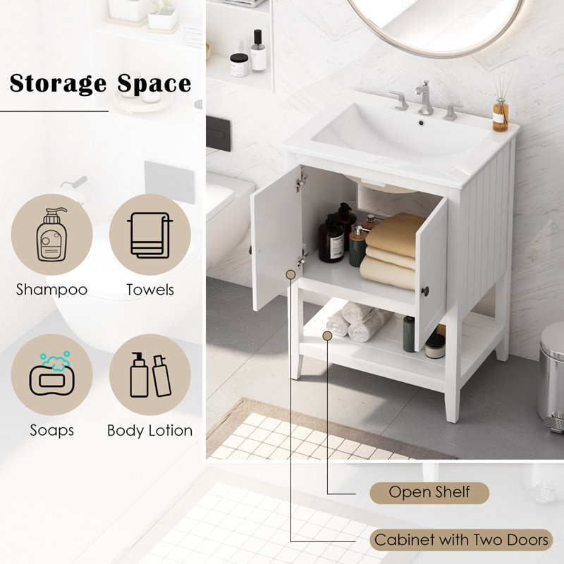 24" White Modern Bathroom Vanity with Ceramic Sink and Solid Wood Frame