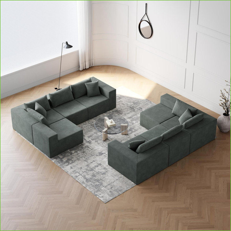 Canapés modulaires, en forme de L, modulaire, en forme de L, 8 pièces, 188 pouces pour salon | Velours côtelé | Vert armée
