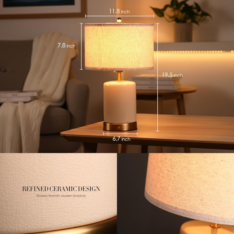 Classic Ceramic - Battery Powered Table Lamp, Rechargeable Cordless Ceramic Lamp, Full-Size 19.5 Inch Height, 4-Level Dimming, Smart Safety Protection, Type-C Fast Charging, LED Bulb Included