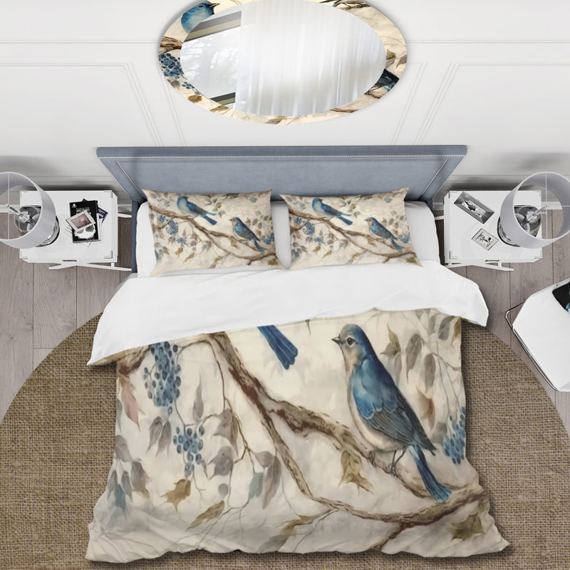 Ensemble de housse de couette deux oiseaux bleus assis sur une branche, Housse de couette pour très grand lit et 2 très