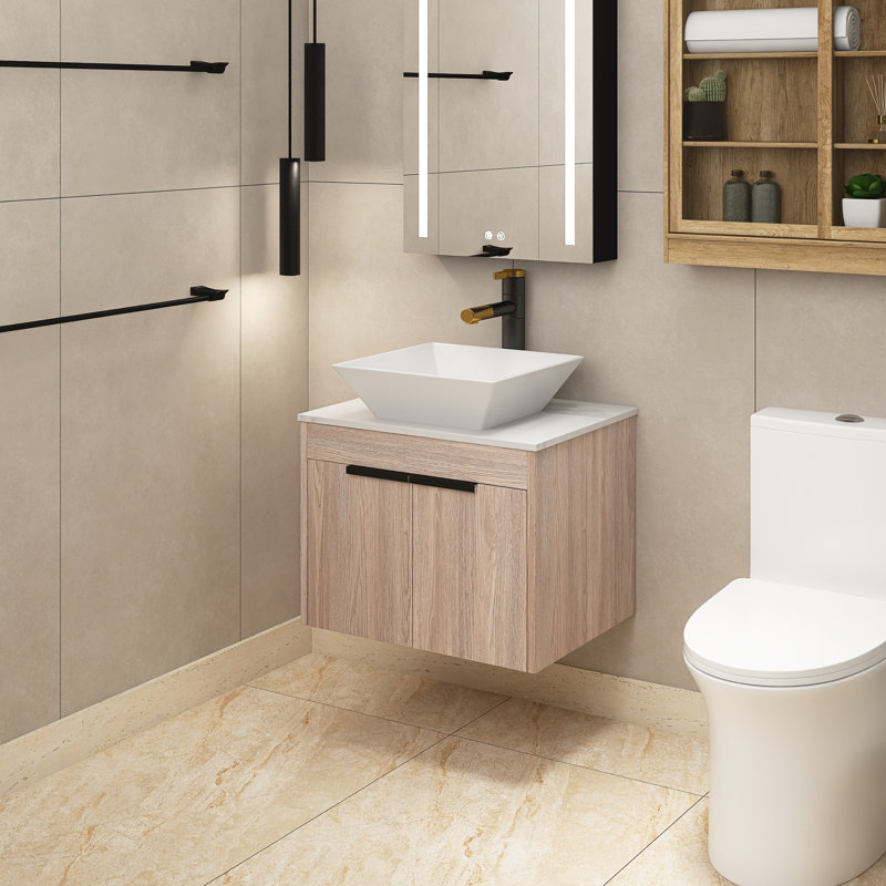 Meuble-lavabo simple 24 po avec lavabo en céramique et plateau en pierre blanche Lency