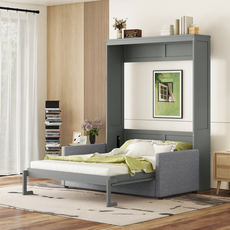 Grand lit escamotable mural avec coussin, grand, Gris