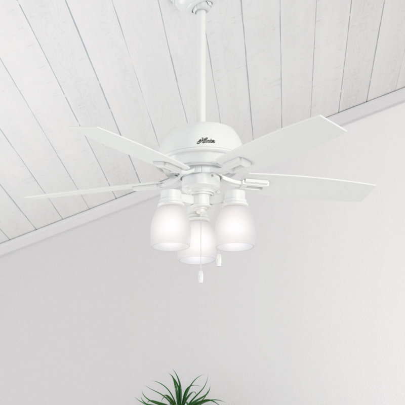 Ventilateur de plafond standard à 5 pales de 44 po avec chaînette et ensemble d'éclairage Donegan inclus, Blanc frais