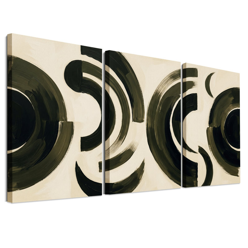 Ensemble de 3 toiles murales abstraites à coups de pinceau noirs sur fond crème, 36"H x 24"W x 3pcs