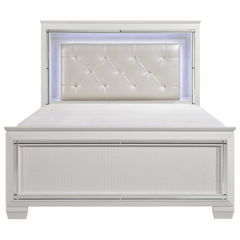 Lit moderne blanc avec tête de lit et grand lit à DEL: panneaux blancs, en faux alligator