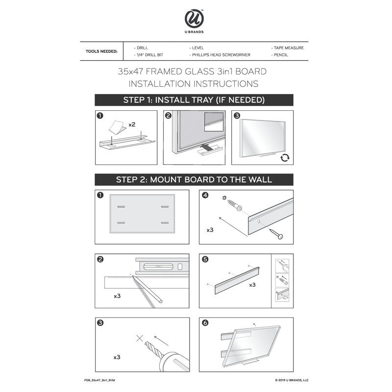Wall Mounted Glass Dry Erase Board, 47" X 35", Blue Surface, White Aluminum Frame, 23" x 17"