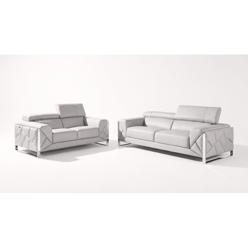 Ensemble de canapé et causeuse en cuir véritable gris clair 2 pièces avec appuis-tête réglables, Gris clair