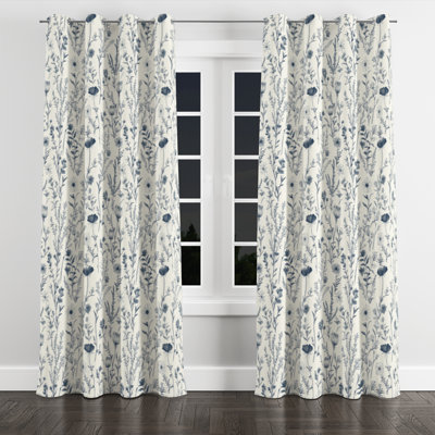 French Country Room Darkening Curtains - Blue Meadow Toile Velvet Grommet Curtain - 1 Panel