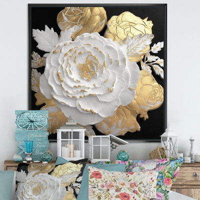 Exquise rose blanche en fleurs, glamour doré I - impression
