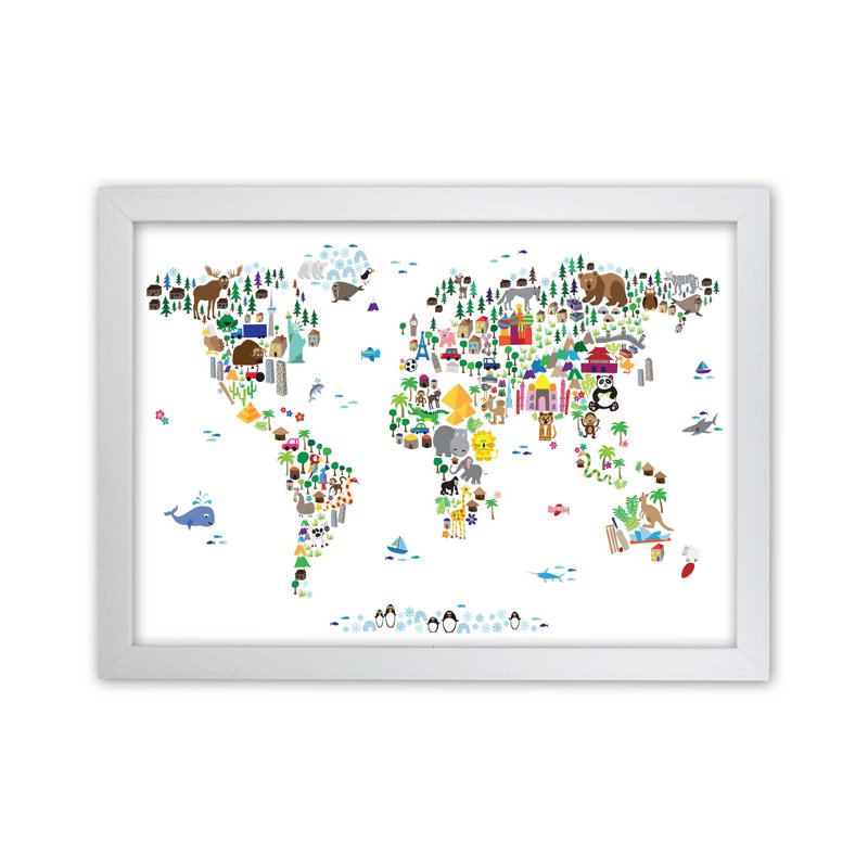 Animal Map Of The World Nursery by Michael Tompsett - Print, 46cm H x 63cm W x 3cm D, White Framed
