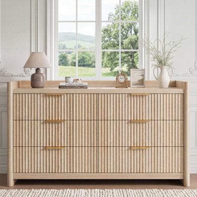 Commode de chambre à coucher à cannelures modernes de 55,1 po de largeur à 55 tiroirs, commode en bois de chêne naturel avec poignées en métal
