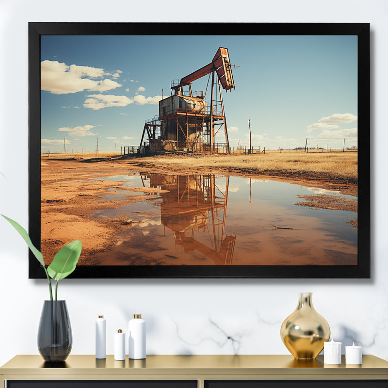 «Oil Drilling Rig Fields Horizon», reproduction sur toile, H 16 po x l 32 po x P 1 po, Cadre simple noir