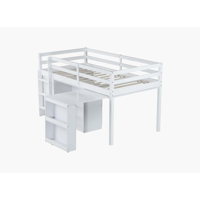 White Rubber Wood Watsons Loft Bed With Drawer Cabinet, Shelving, Pull-Out Desk, Safety Guardrail, And Ladder, White