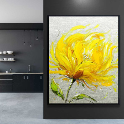 Yellow Fluffy Flower - Gray Framed Canvas for Living Room Decor