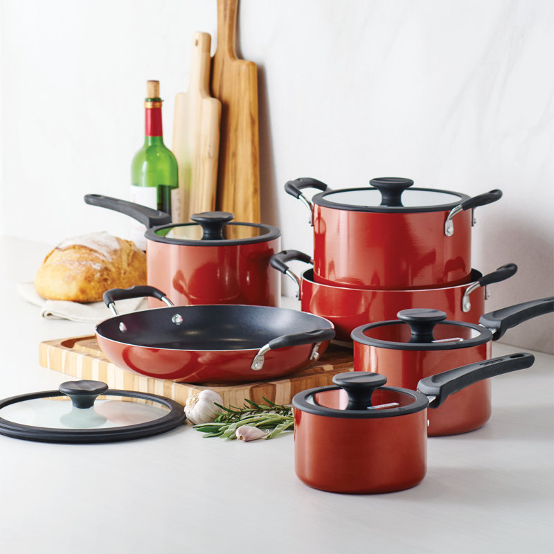 15-Piece Red Aluminum Nonstick Cookware Set with Enamel Finish