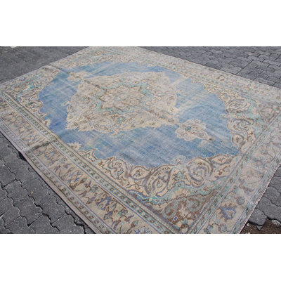 Tapis turc bleu rétro en laine avec motif en médaillon pour la salle à manger