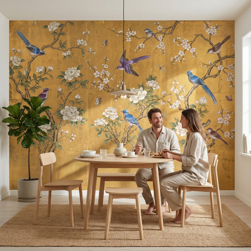 Papier peint oriental oiseaux chinoiserie, Peler et coller, 200 po x 120 po