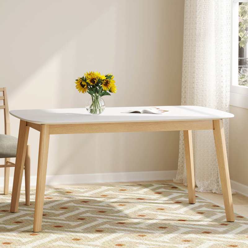 Table de salle à manger Mid-Century couleur chêne blanc, plateau en faux bois et pieds en bois d'hévéa massif, l 57,97 po x P 35,29 po H 30,14 po