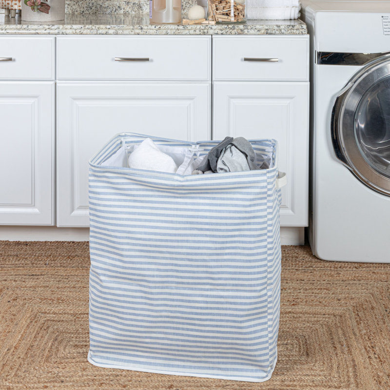 Blue and White Striped Rectangular Double Laundry Sorter with Handles