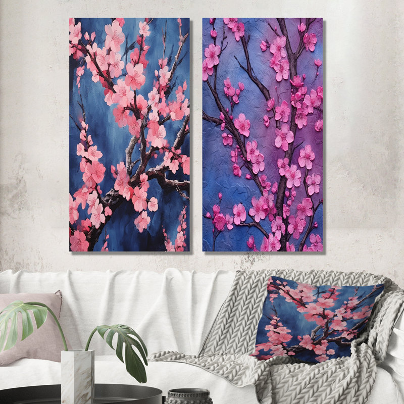 Ensemble de salon art mural cerisier rose et bleu Cherry Blossoms, H 28 po x l 25 po, Toile tendue