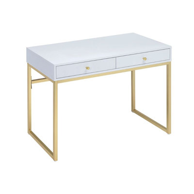 Bureau avec tiroirs Makayla, blanc et laiton