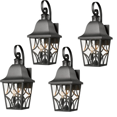 Ensemble de 4 lanternes murales d'extérieur élégantes - applique classique noir mat avec cadre de protection en verre transparent et éclairage de porche résistant aux intempéries pour porte d'entrée, garage, patio, terrasse et jardin