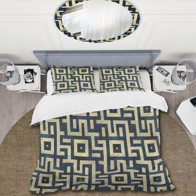 Ensemble de housse de couette Gold Blue Midcentury Maze III - Midcentury, Housse de couette pour grand lit + 2 taies décora