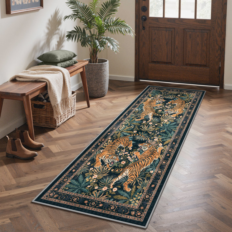 Tapis de couloir vert lavable avec envers antidérapant Gemini, Bleu/jaune, Tapis de couloir de 2 pi x 7 pi