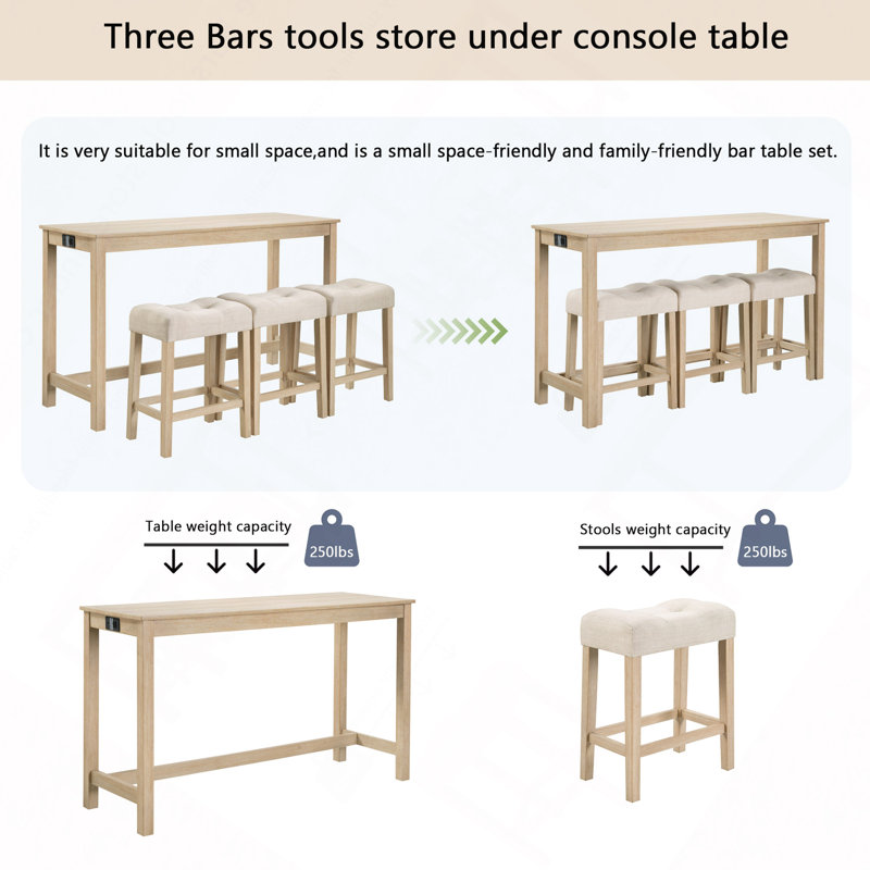 4 Piece Bar Table Set With Power Outlet,Bar Table Set With Chairs,Sofa Bar Table With Stools,Behind Couch Table With 3 Padded Stools For Living Room,Dining Room
