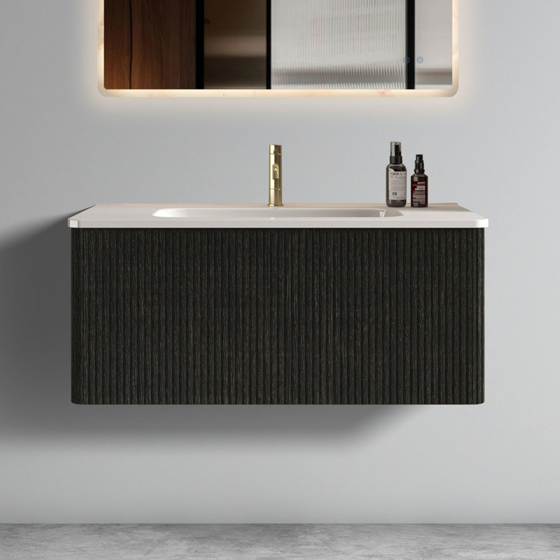 Meuble-lavabo de 91 cm (36 po) en chêne noir rayé, lavabo en céramique blanche, design en U, aspect chêne préassemblé, rangement accru.