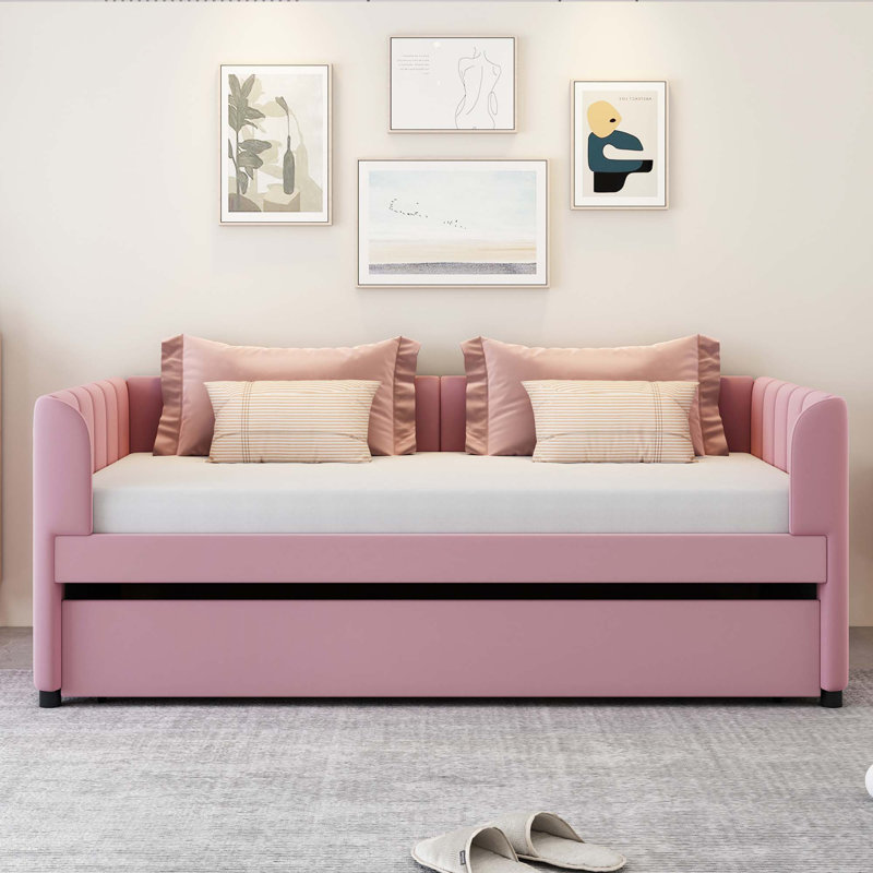 Lit de jour simple rembourré avec dossier ergonomique et lit gigogne, Rose