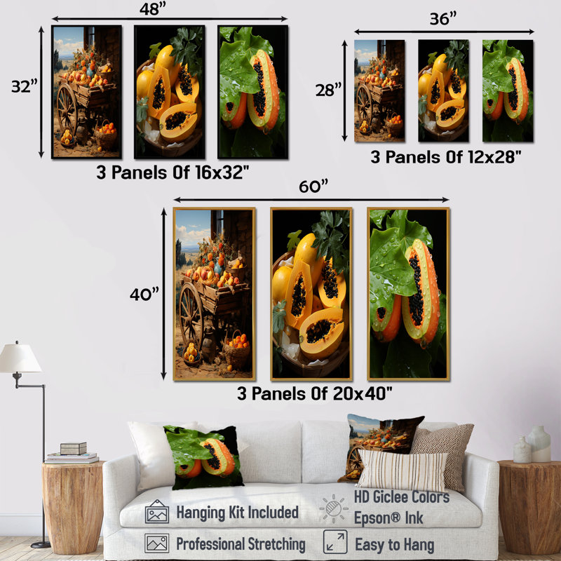 «Harvest Hues Papaya Fruit Perfection I», ensemble de 3 impressions sur toile de fruits, Cadre flottant noir