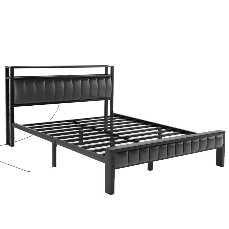 Black Queen Upholstered Bed Frame with LED and Storage