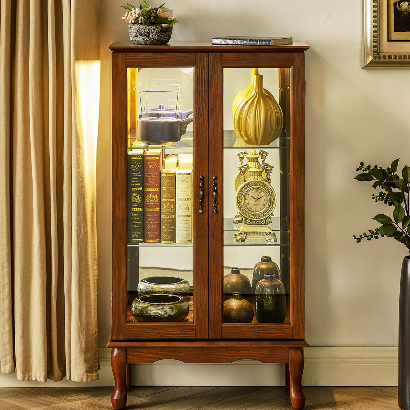 Vitrine au sol en chêne avec dossier en miroir et chêne de rangement polyvalent, verre trempé, Chêne