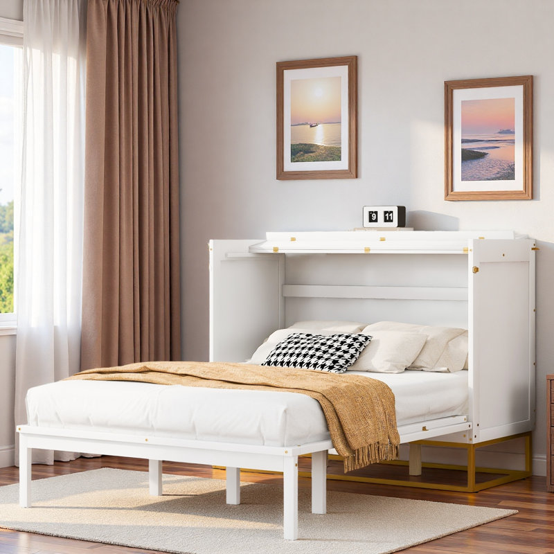 Lit escamotable moderne avec tablette intégrée et base en métal doré, White