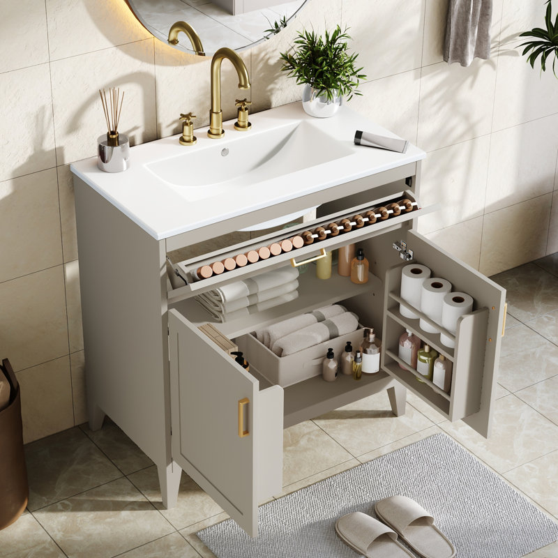 Meuble-lavabo moderne Yelton de 76 cm de large en bois avec lavabo en céramique, rangement à fermeture douce et tablette réglable pour salle de bain