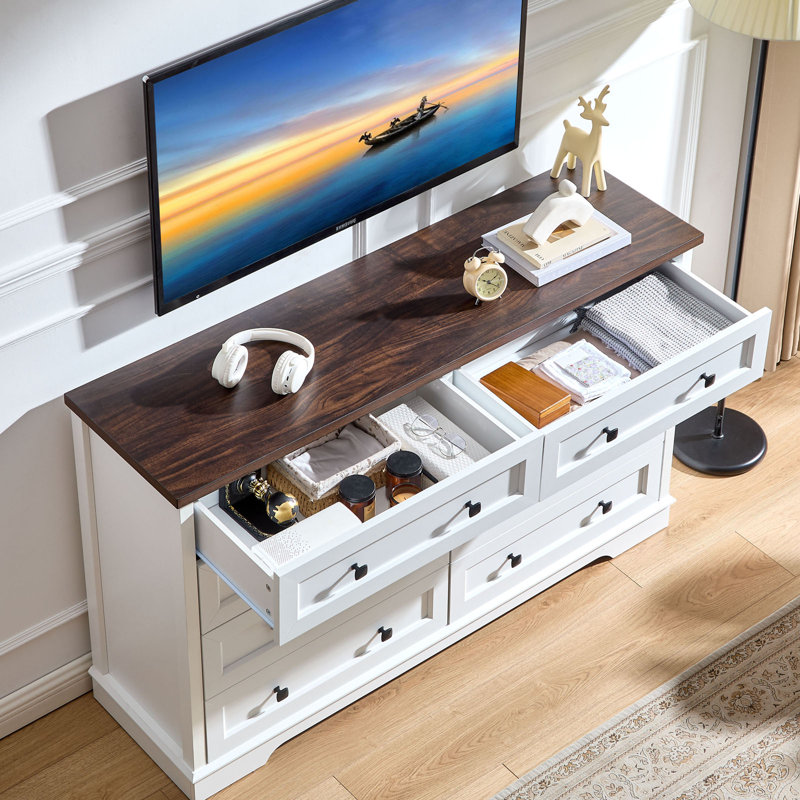 Farmhouse 55 '' W 8 Drawer Dresser for Bedroom, Wood Rustic Chest of Drawers, Closet Storage, White/Brown
