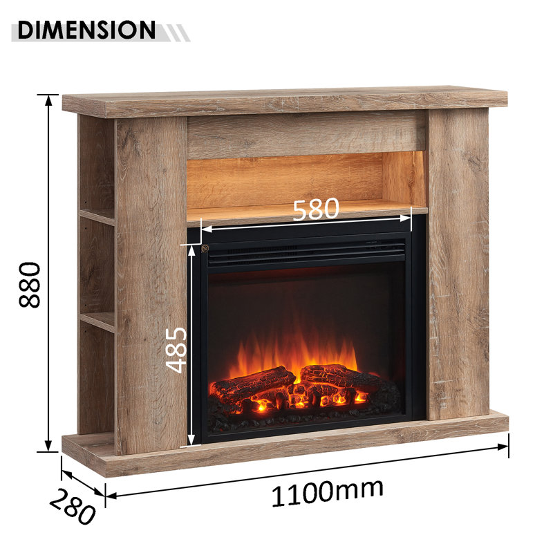 LIPSON FLAMME Electric Fireplace, 88cm H x 110cm W x 28cm D, Rustic Light Oak