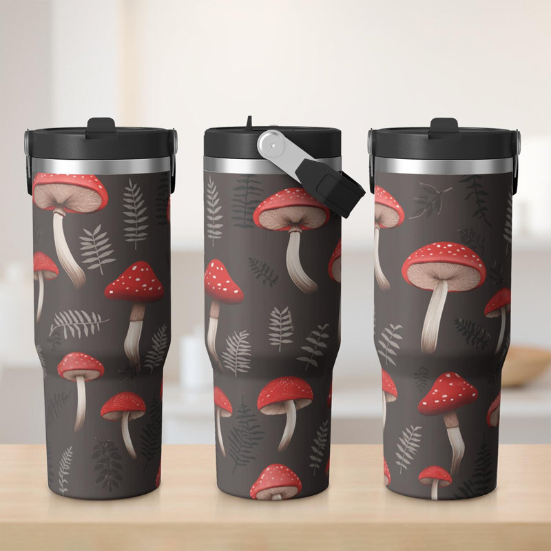 Gobelet 30 oz avec couvercle et poignée Gobelets isothermes en acier inoxydable Bouteille d'eau mignonne avec rabat (champignon)