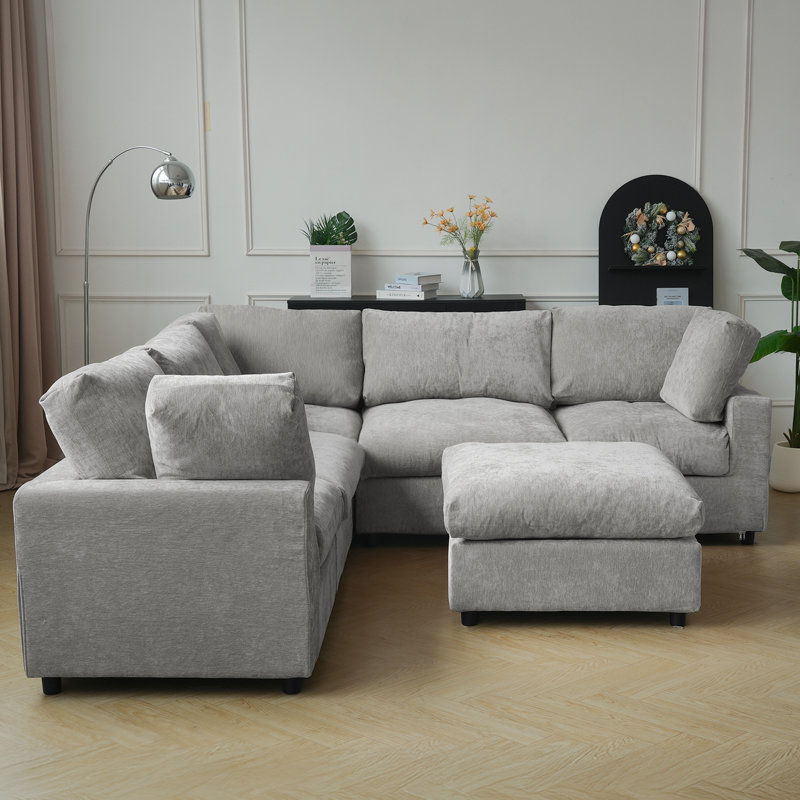 Kessi Upholstered 5-piece Slipcovered Sectional Sofa With Ottoman, Light Gray Fabric