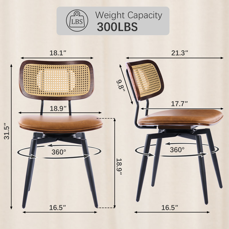 Modern Swivel Faux Leather Dining Chairs With Rattan Back, Brown, 4