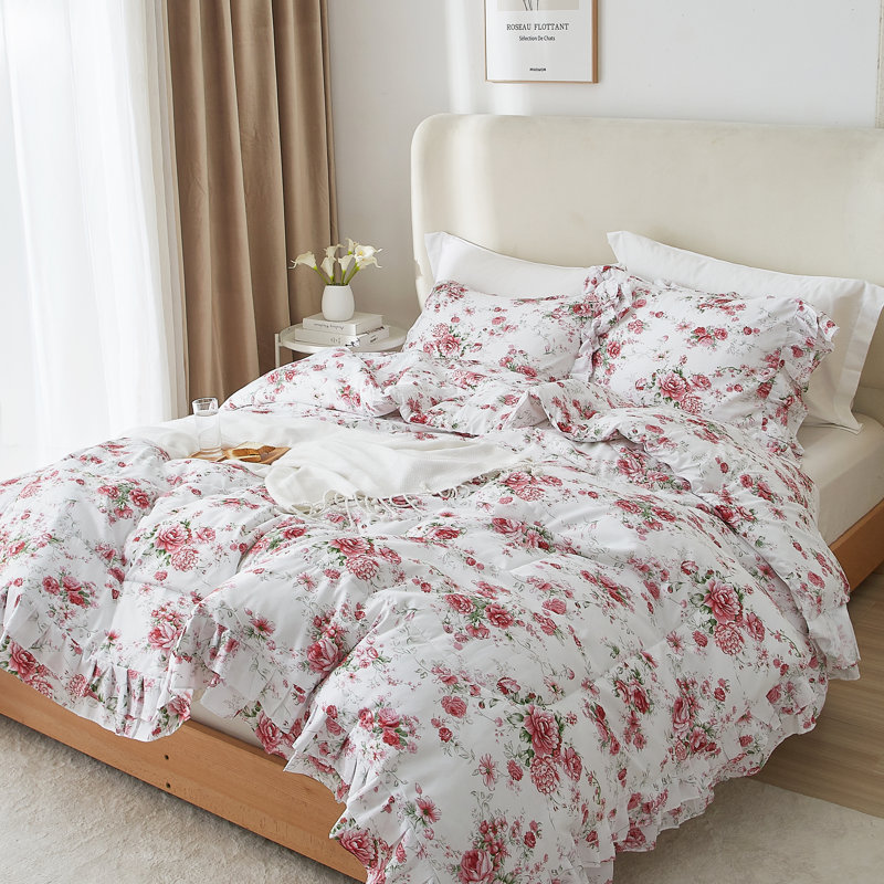 Microfiber Floral Print Comforter Set, Full Comforter + 2 Pillowcases