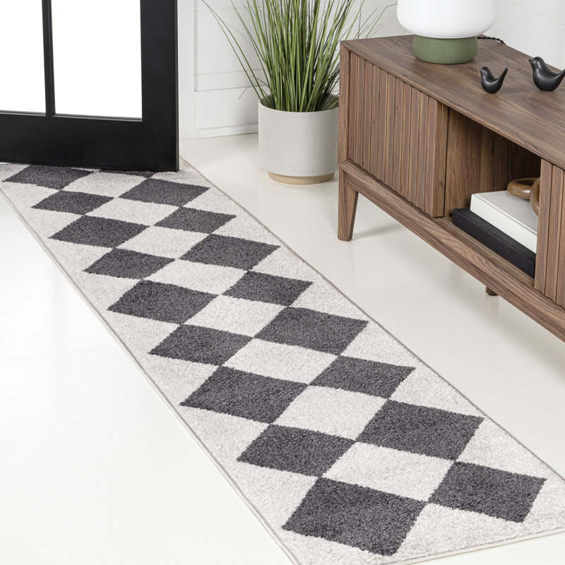 Tapis blanc / gris foncé à motif géométrique Utgard, Tapis de couloir 2 pi x 8 pi